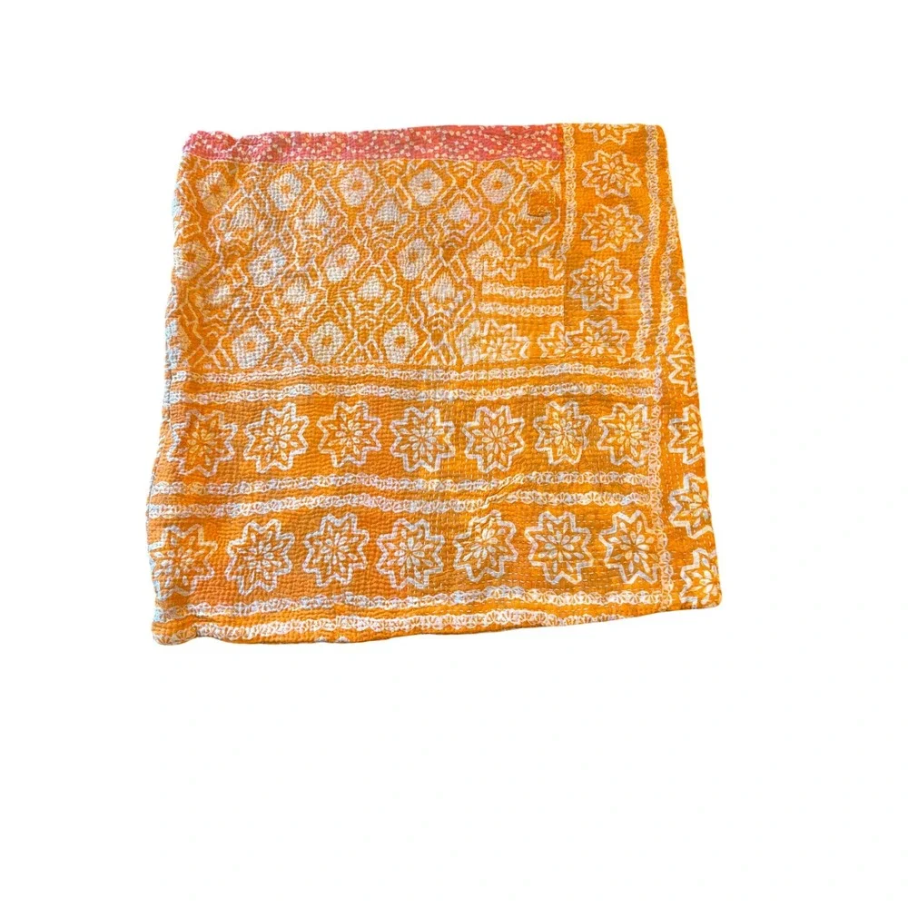 Pillow Cover Orange Kantha Stitch Vintage‎ Hand Stitched Bohemian Square